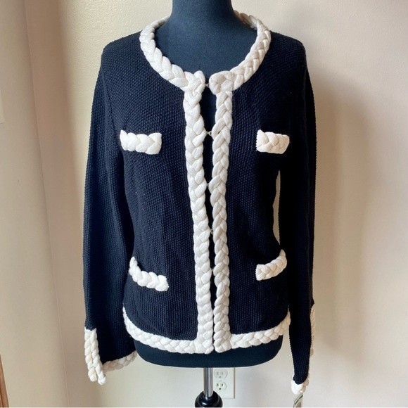 INC Cardigan Sweater Braided Knit Wool Black White Structured Dog Show NWT - Picture 2 of 10